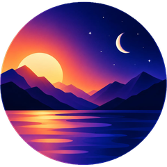 Logo de Vespertin : un soleil couchant et un croissant de lune au-dessus de montagnes et d’un lac